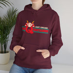 East Chicago Conquistadors Hoodie in maroon with the East Chicago Conquistadors logo, a feathered baseball crest over striped lettering on the front, worn by model