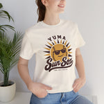 Yuma Sun Sox Premium Lightweight T-Shirt in natural with the Yuma Sun Sox logo, a smiling baseball sun wearing sunglasses on the front, worn by model