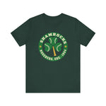 Roseburg Shamrocks Premium Lightweight T-Shirt in forest with the Roseburg Shamrocks logo, a shamrock of baseballs with a bat stem in a green ring on the front