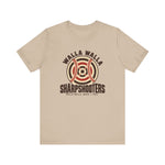 Walla Walla Sharpshooters Premium Lightweight T-Shirt in tan with the Walla Walla Sharpshooters logo, a bullseye target crossed by baseball stitching on the front