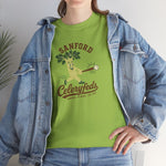 Sanford Celeryfeds Heavyweight T-Shirt in kiwi with the green cartoon celery stalk mascot swinging a bat on the front, worn by model