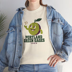 Portland Green Gages Heavyweight T-Shirt in natural with the Portland Green Gages logo, a cartoon green plum tossing a baseball on the front, worn by model