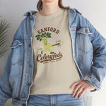 Sanford Celeryfeds Heavyweight T-Shirt in sand with the green cartoon celery stalk mascot swinging a bat on the front, worn by model