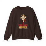 Providence Rubes Crewneck Sweatshirt in dark chocolate with the Providence Rubes logo, a 1920s pitcher in a straw farmer's hat with a stalk of wheat in his teeth at the top of his leg kick, over Providence Rubes 1926 Champions on the front
