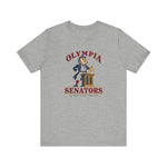 Olympia Senators Premium Lightweight T-Shirt in athletic heather with the Olympia Senators logo, a bearded senator in a frock coat at a podium with a bat on the front