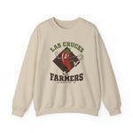 Las Cruces Farmers Crewneck Sweatshirt in sand with the Las Cruces Farmers logo, a red chile pepper pitcher in a high-kick windup on a brown diamond, with Farmers in brown block letters on the front