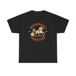 Woonsocket Trotters Heavyweight T-Shirt in black with the Woonsocket Trotters logo, a harness racing driver in a baseball cap behind a trotting horse, the sulky wheel drawn as a baseball on the front