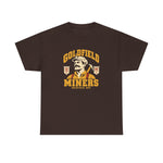 Goldfield Miners Heavyweight T-Shirt in dark chocolate with the Goldfield Miners logo, a mustached miner with a candle on his cap and a pickaxe on his shoulder on the front