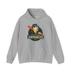 Gray hoodie with vintage Frankfort Lawmakers baseball team logo and a man holding a bat design on front