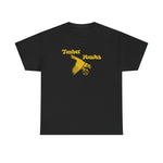 Bend Timber Hawks Heavyweight T-Shirt in black with the Bend Timber Hawks logo, a diving gold hawk clutching a baseball on the front