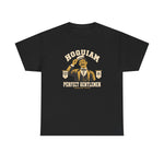 Hoquiam Perfect Gentlemen Heavyweight T-Shirt in black with the Hoquiam Perfect Gentlemen logo, a mustached gentleman in a straw boater tipping his hat between two pennants on the front