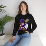 Merrillville Muddogs Crewneck Sweatshirt in black with the Merrillville Muddogs logo, a snarling bulldog in a purple cap holding a bat on the front, worn by model