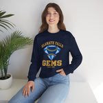 Klamath Falls Gems Crewneck Sweatshirt in navy with the Klamath Falls Gems logo, a blue diamond gem with baseball stitching on the front, worn by model