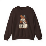 Globe Bears Crewneck Sweatshirt in dark chocolate with the Globe Bears logo, a scowling bear cub in a ball cap and glove on the front