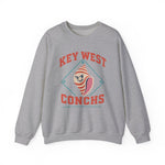 Key West Conchs Crewneck Sweatshirt in sport grey with the grinning striped conch shell mascot inside a teal diamond outline on the front