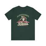 Albuquerque Dons Premium Lightweight T-Shirt in forest with the Albuquerque Dons logo, a caped ballplayer bowing with his hat swept off in front of pink mountains, with Dons in cream script on the front