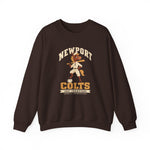 Newport Colts Crewneck Sweatshirt in dark chocolate with the Newport Colts logo, a colt in an old-time baseball uniform with a bat on his shoulder and a hoof on a ball, over 1897 Champions on the front