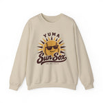 Yuma Sun Sox Crewneck Sweatshirt in sand with the Yuma Sun Sox logo, a smiling baseball sun wearing sunglasses on the front