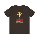 Providence Rubes Premium Lightweight T-Shirt in brown with the Providence Rubes logo, a 1920s pitcher in a straw farmer's hat with a stalk of wheat in his teeth at the top of his leg kick, over Providence Rubes 1926 Champions on the front