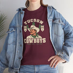 Tucson Cowboys Heavyweight T-Shirt in maroon with the Tucson Cowboys logo, a cowboy in front of a saguaro with 1941 and 1953 pennant banners on the front, worn by model