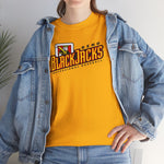 Reno BlackJacks Heavyweight T-Shirt in gold with the Reno BlackJacks logo, a Jack of Spades holding a bat above slanted BlackJacks lettering on the front, worn by model