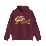 Clovis Pioneers Hoodie in maroon with the Clovis Pioneers logo, a ballplayer with a raised bat riding a horse-drawn covered wagon, with Pioneers on the canvas on the front