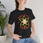 Tri-City Atoms Premium Lightweight T-Shirt in black with the Tri-City Atoms logo, a baseball at the center of a yellow atom with orbiting electrons on the front, worn by model