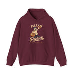 Atlanta Pretzels Hoodie in maroon with the cream cartoon baker holding a pretzel and basket on the front