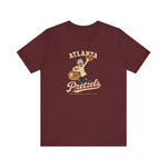 Atlanta Pretzels Premium Lightweight T-Shirt in maroon with the cream cartoon baker holding a pretzel and basket on the front