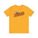 Reno BlackJacks Premium Lightweight T-Shirt in gold with the Reno BlackJacks logo, a Jack of Spades holding a bat above slanted BlackJacks lettering on the front