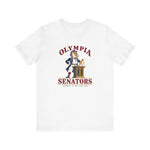 Olympia Senators Premium Lightweight T-Shirt in white with the Olympia Senators logo, a bearded senator in a frock coat at a podium with a bat on the front