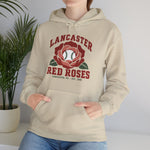 Lancaster Red Roses Hoodie in sand with the Lancaster Red Roses logo, a red rose with a baseball at its center on the front, worn by model