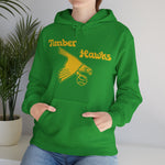 Bend Timber Hawks Hoodie in irish green with the Bend Timber Hawks logo, a diving gold hawk clutching a baseball on the front, worn by model