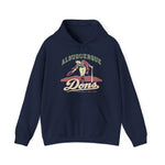 Albuquerque Dons Hoodie in navy with the Albuquerque Dons logo, a caped ballplayer bowing with his hat swept off in front of pink mountains, with Dons in cream script on the front