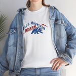 Blue Mountain Bears Heavyweight T-Shirt in white with the Blue Mountain Bears logo, a snarling bear below a red mountain peak on the front, worn by model