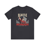Seattle Drydockers Premium Lightweight T-Shirt in dark grey with the Seattle Drydockers logo, a shipyard worker raising a bat in front of a ship in drydock on the front