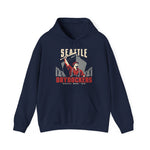 Seattle Drydockers Hoodie in navy with the Seattle Drydockers logo, a shipyard worker raising a bat in front of a ship in drydock on the front
