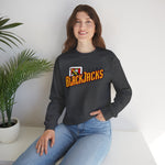 Reno BlackJacks Crewneck Sweatshirt in dark heather with the Reno BlackJacks logo, a Jack of Spades holding a bat above slanted BlackJacks lettering on the front, worn by model