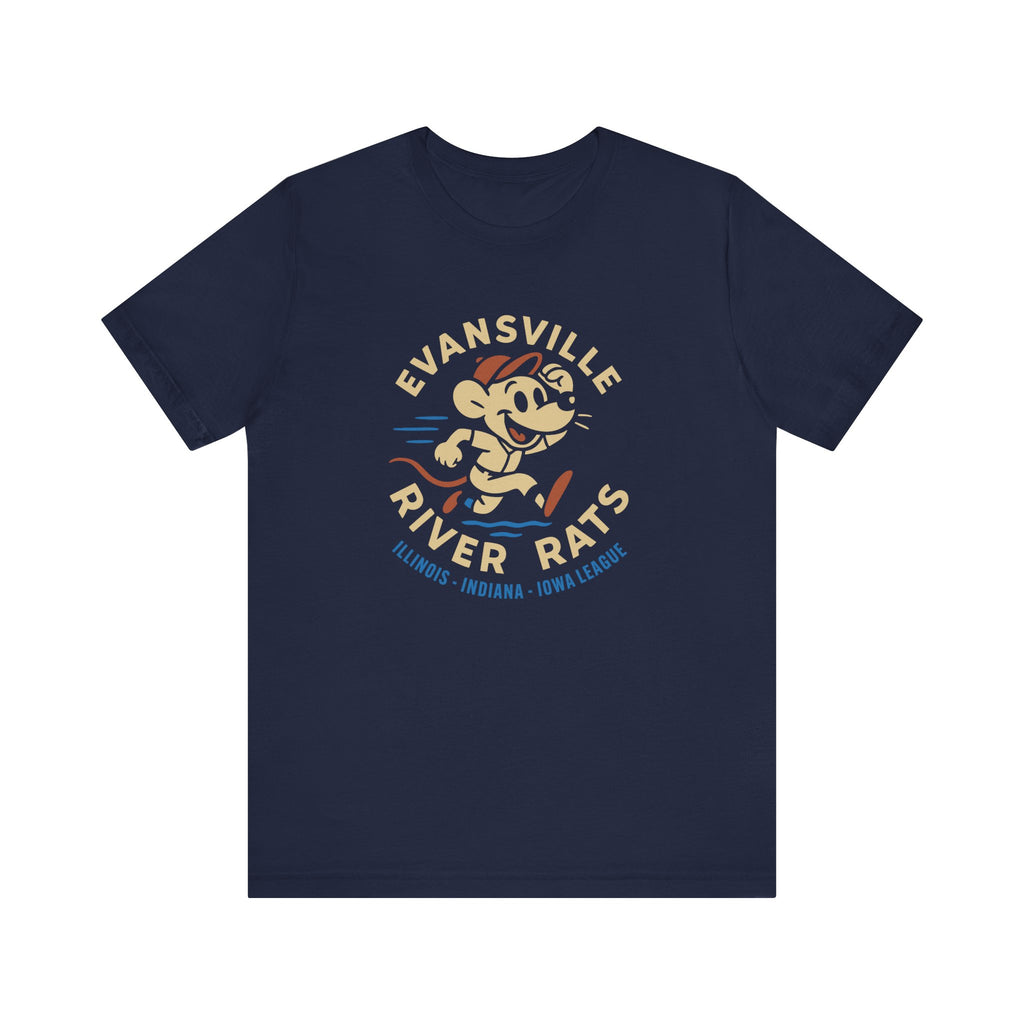 Navy Evansville River Rats vintage baseball team t-shirt with cartoon rat graphic and retro lettering design