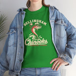 Bellingham Chinooks Heavyweight T-Shirt in irish green with the Bellingham Chinooks logo, a leaping chinook salmon in a ball cap above splashing water and script lettering on the front, worn by model