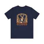 Dawson Stags Premium Lightweight T-Shirt in navy with the Dawson Stags logo, a stag ballplayer with a bat on his shoulder between canyon walls, with Stags in brown block letters on the front