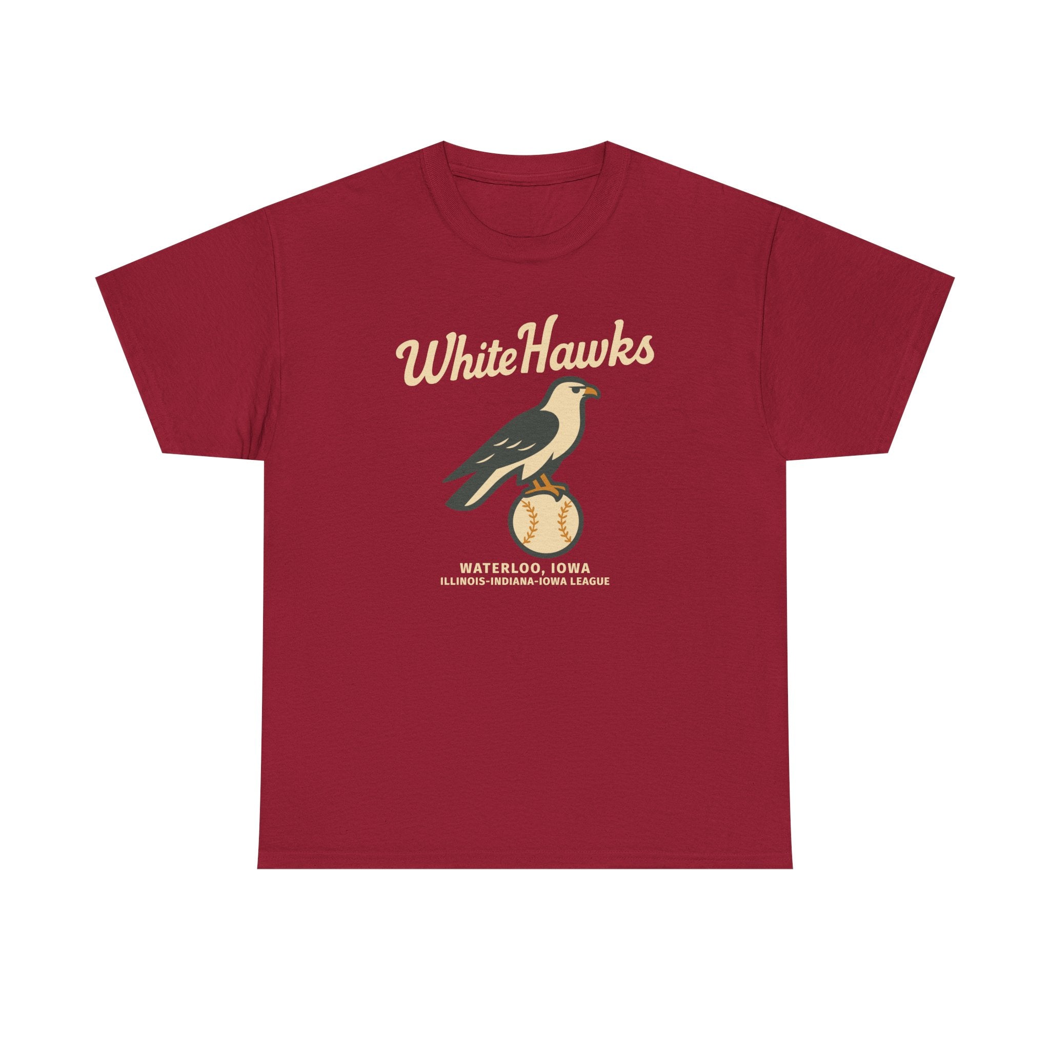Vintage Waterloo White Hawks red heavyweight cotton t-shirt with bird and baseball graphic design