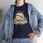 Seattle Clamdiggers Heavyweight T-Shirt in navy with the Seattle Clamdiggers logo, a clam shell made from a baseball half-buried in a tide flat on the front, worn by model