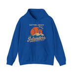 Daytona Beach Islanders Hoodie in royal with the orange sunset behind a palm island with stitched baseball waves on the front