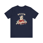Salem Raglans Premium Lightweight T-Shirt in navy with the Salem Raglans logo, a mustached ballplayer in a raglan shirt on the front