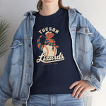 Tucson Lizards Heavyweight T-Shirt in navy with the Tucson Lizards logo, a striped lizard in a ball cap lounging on a baseball on the front, worn by model