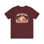 Yakima Packers Premium Lightweight T-Shirt in maroon with the Yakima Packers logo, a ballplayer holding a bat and a crate of apples on the front