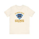 Klamath Falls Gems Premium Lightweight T-Shirt in natural with the Klamath Falls Gems logo, a blue diamond gem with baseball stitching on the front