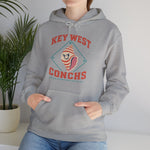 Key West Conchs Hoodie in sport grey with the grinning striped conch shell mascot inside a teal diamond outline on the front, worn by model