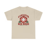 Lancaster Red Roses Heavyweight T-Shirt in sand with the Lancaster Red Roses logo, a red rose with a baseball at its center on the front